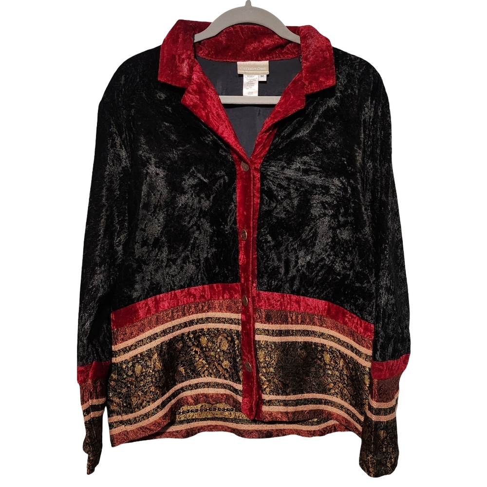 VINTAGE Coldwater Creek Jacket Women's Medium Black Velvet Patchwork Boho Gothic - Picture 2 of 7